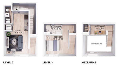 three floor plans of a small house with a bathroom and a living room